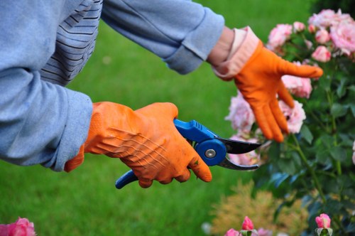 Insured gardening crew finishing a lawn mowing job