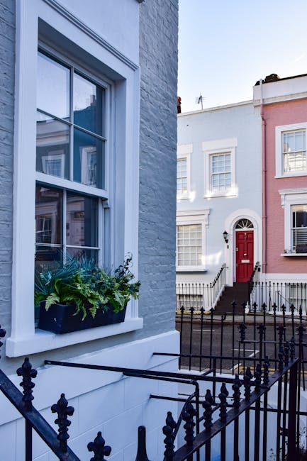 A close-up view of a white-painted brick house with a double-hung sash window featuring multiple glass panes, adorned with a black window box filled with lush green plants and small variegated leaves.